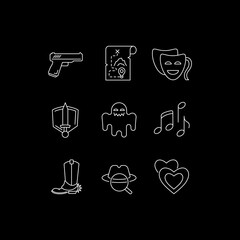 Movie genres white linear icons set for dark theme. Cinematography, filmmaking and cinema business. Night mode customizable thin line symbols. Isolated vector outline illustrations. Editable stroke