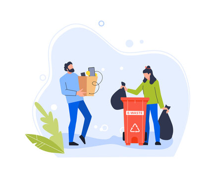 People trow old gadget in e-waste bin. Bin recycling electronic, dump with hardware, digital pollution with rubbish utilization. Vector illustration