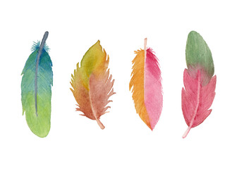 Cute hand painted colorful watercolor feather set