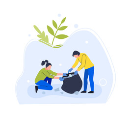 People clean environment from garbage, collect in bag. Vector volunteer collect garbage, ecology clean from trash and rubbish illustration