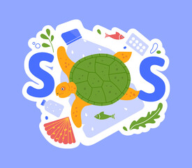 Sos and help sea animals from plastic. Vector save environment for fish, stop dirty oceanr, rubbish polluted environmental flora illustration
