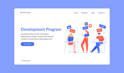 Team development program project landing page. Project development, web team programming and develope business. Vector illustration