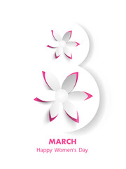 Banner for the International Women's Day. Greeting card for 8 March with the decor of flowers.Number 8 in the style of cut paper with a spring flowers.For brochures, postcards, tickets, banners.