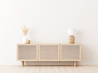 Living room interior wall mockup in minimalist Japandi style with caned console, wicker basket lamp and dried pampas grass in ceramic vase on empty warm white background. 3d rendering, 3d illustration