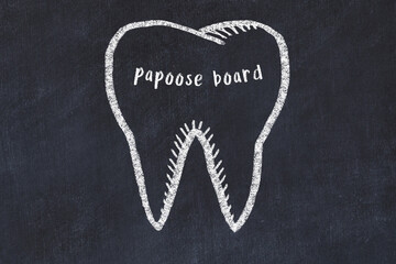 Chalk drawing of a tooth with medical term papoose board. Concept of learning stomatology