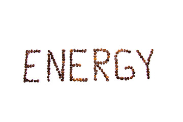The inscription Energy coffee made from coffee beans on a white background.