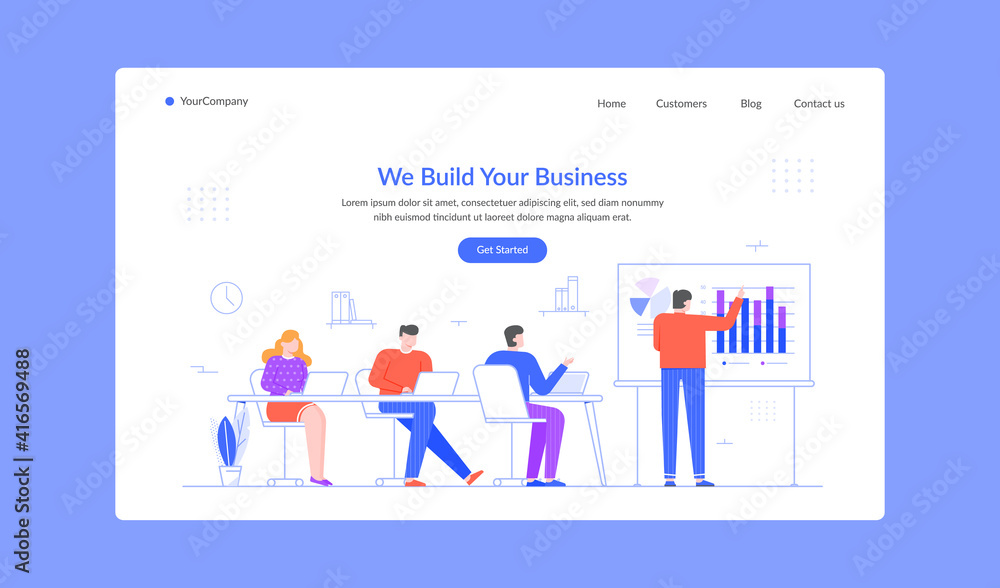 Poster build business learn presentation chart and graphic landing page. vector business presentation, info