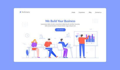 Build business learn presentation chart and graphic landing page. Vector business presentation, infographic development and success build graphic illustration