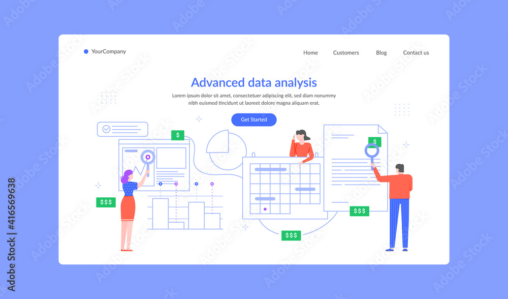 Poster advanced data analysis landing page, team research. vector finance data analysis, chart research ana