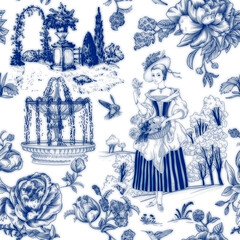 Seamless pattern Toile de Jouy, effect of painting on porcelain. French provence wallpaper. Light nature background. Digital paper provence style. Decoupage paper, elegant life, love, people.   - 416569616