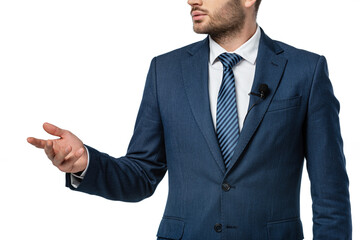 cropped view of anchorman in suit holding microphone isolated on white