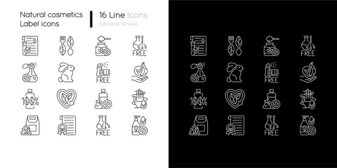 Natural cosmetic linear icons set for dark and light mode. Eco friendly beauty products. Skin care. Customizable thin line symbols. Isolated vector outline illustrations. Editable stroke