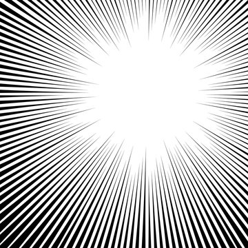White black radial backdrop, art explosion sunburst, comic backdrop ray texture. Monochrome backdrop power striped circular pattern. Vector illustration