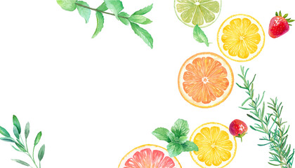 フレッシュなフルーツとハーブの水彩イラスト。オレンジ、レモン、グレープフルーツ、ライム、イチゴのバナーデザイン。水彩イラストのトレースベクター。（レイアウト調整可能） - obrazy, fototapety, plakaty