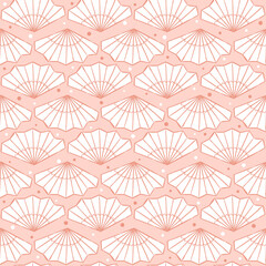 Seamless pattern with hand drawn asian fan. Pink background. Vector illustration in Chinese or Japanese style. Fantasy Oriental elements.