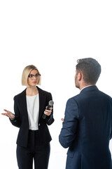 discouraged journalist taking interview from businessman isolated on white