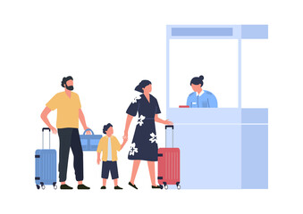 Family at passport control at airport, vacation concept. Vector airport control and registration, security to tourist illustration
