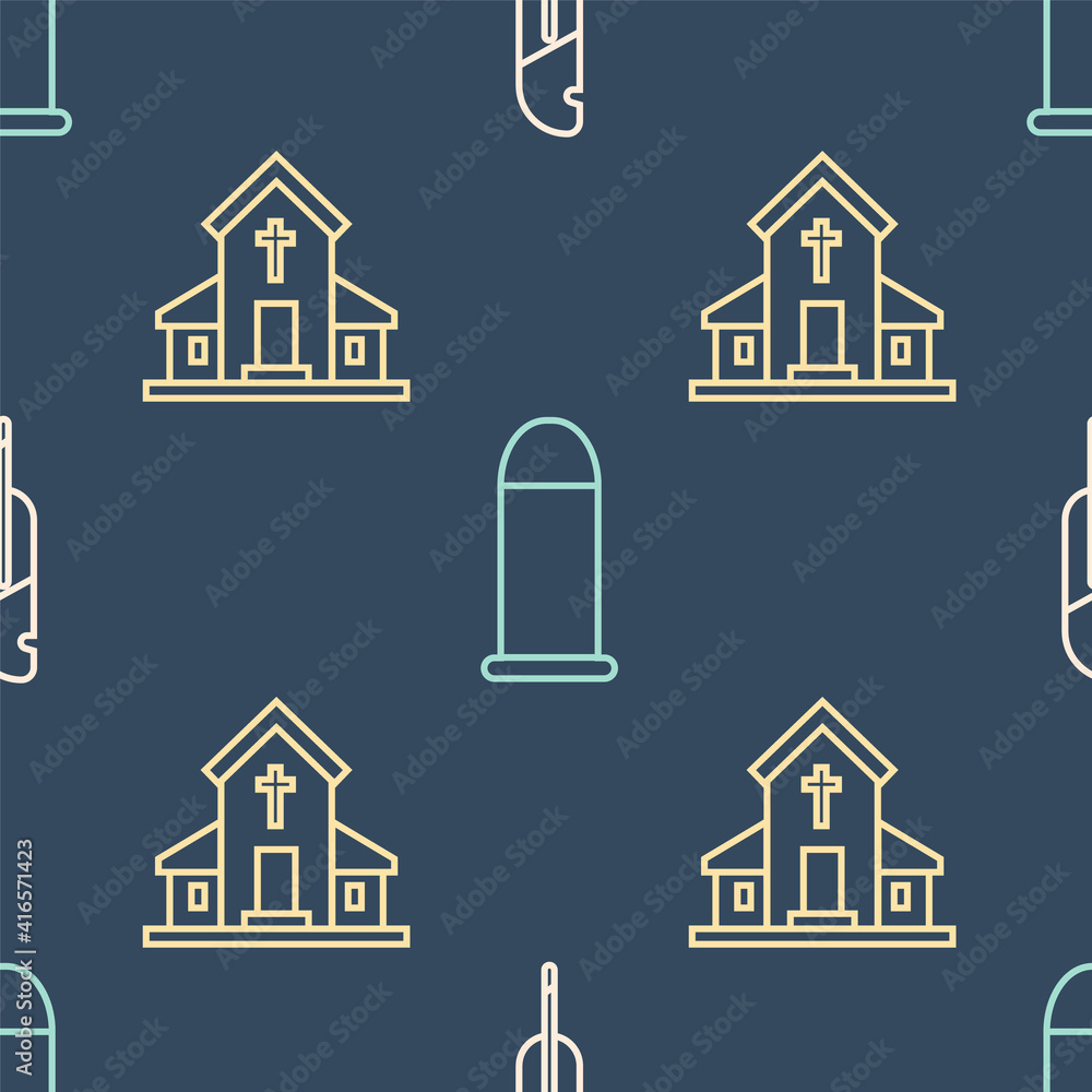 Poster set line feather pen, church building and bullet on seamless pattern. vector.