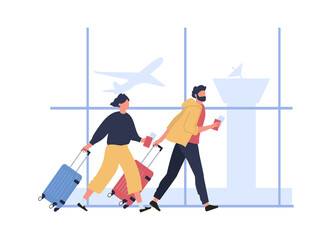 Couple hurrying to boarding flight, run with tickets and luggage. Woman and man hurry to flight with luggage, tourist departure. Vector illustration