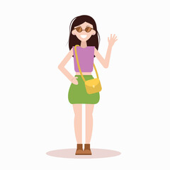 vector illustration of a young brunette woman wearing sunglasses and a yellow shoulder bag. Flat style, poured on a white background