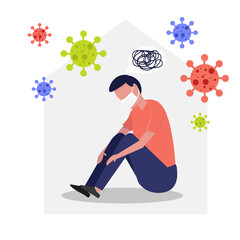 Self quarantine at home during COVID 19 or coronavirus pandemic causing a person to have mental problem, sad, depression and feel unhappy, psychology related to virus outbreak