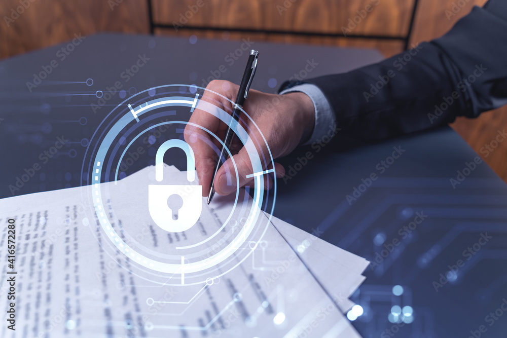 Poster a businessman in formal wear signing the contract to prevent probability of risks in cyber security.