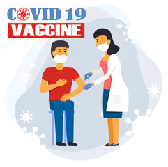 Vector design of a man getting vaccination of COVID -19 vaccine by a doctor, coronavirus protection and treatment,