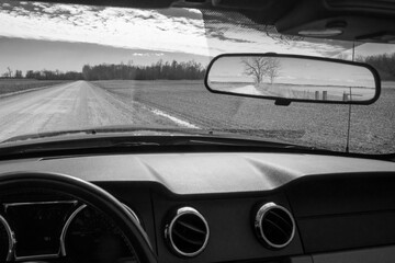 Lonely Road in the Rearview Mirror - obrazy, fototapety, plakaty