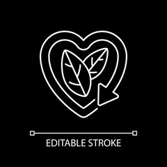 Please recycle sign white linear icon for dark theme. Natural cosmetics. Ecology movement. Thin line customizable illustration. Isolated vector contour symbol for night mode. Editable stroke