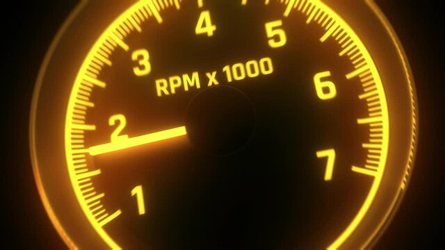 RPM gauge tachometer on car dashboard, car engine increasing turns, speeding. Driver shifting gears, dashboard