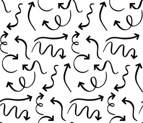 Arrows seamless pattern. doodle curved arrow handmade texture. Outline black direction pointer vector background. Illustration doodle pattern seamless arrow curve