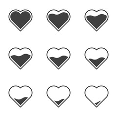 Set of 9 icons with filling hearts. A simple image of a heart gradually filling in its contents. Can be used in app loading design. Isolated vector on white background.
