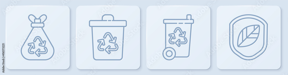 Poster Set line Garbage bag with recycle, Recycle bin and Shield with leaf. White square button. Vector