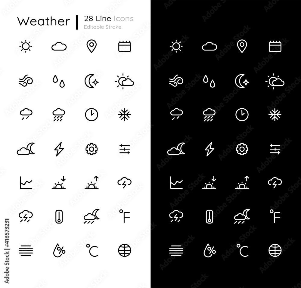 Poster weather linear icons set for dark and light mode. sunny and cloudy. warm, cold climate. mobile ui. c