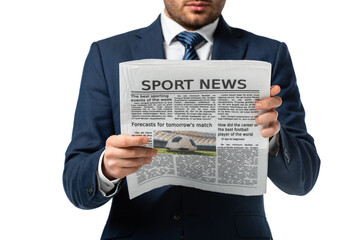 cropped view of businessman reading sport news isolated on white