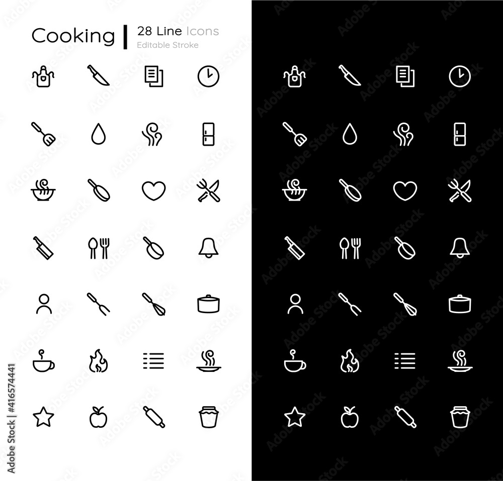 Poster cooking linear icons set for dark and light mode. meal preparation. dinner recipe. mobile ui element