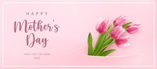 Happy mother's day cute lovely elegant pink tulip flower banner template