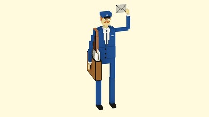 A Postman in a Blue Uniform with a Brown Mail Bag on His Shoulder Holds a Letter. 3D Rendered Artwork