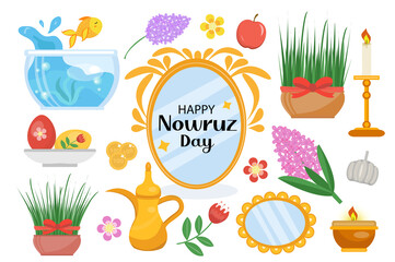 Happy Nowruz day objects set. Collection of design elements with potted grass, hyacinth flowers, aquarium with goldfish, mirror. New Year in Iran. Vector illustration, clip art