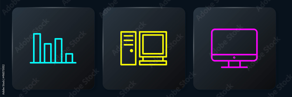 Poster set line pie chart infographic, computer monitor screen and . black square button. vector.