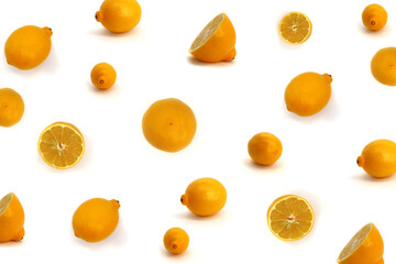 Fruit pattern of fresh orange slices on a yellow background. Top view. Copy space. Pop art design, creative summer concept. Banner ad