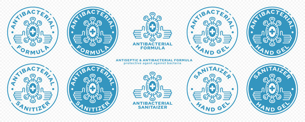 Concept for product packaging. Marking - antibacterial formula. Microorganism icon with medical cross and hands is an anibacterial formula symbol. Vector set.