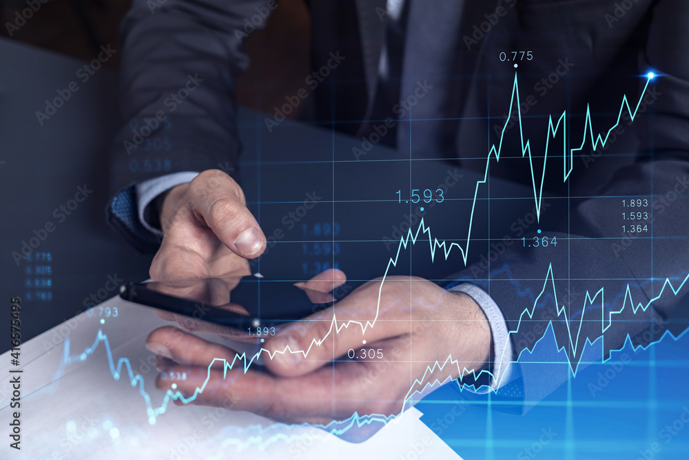 Poster trader holding in the hands a smart phone and researching stock market to proceed right investment s