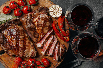 dinner for two with steaks and red wine - 416575666