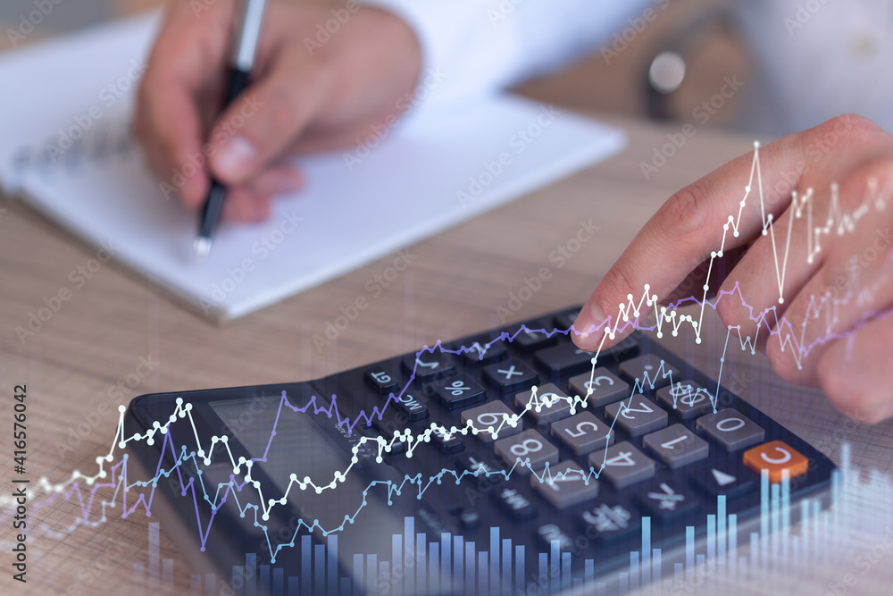 Poster a trader computing historic data to predict stock market behavior. internet trading concept. forex a