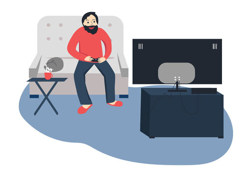 Yong man playing videogame sitting on sofa with cat. Vector illustration for advertisment, decoration, web-design, etc