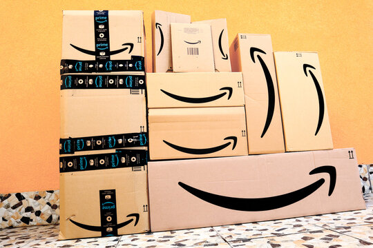 USA – February 25, 2021: AMAZON Shipping Cardboard Boxes. Amazon is an American Multinational Technology Company of e-commerce