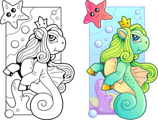 cartoon cute pony seahorse, coloring book, funny illustration