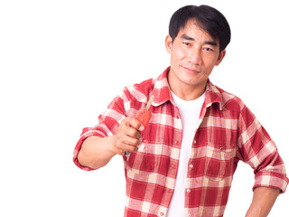 A Asian man in red clothes is giving you the car keys on white background