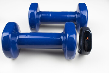 small blue dumbbells and fitness bracelets